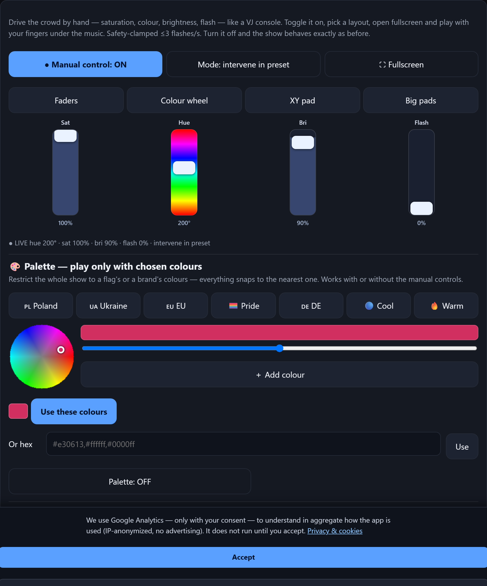 The VJ pult: faders for saturation, colour, brightness and flash, plus a colour wheel and flag palettes